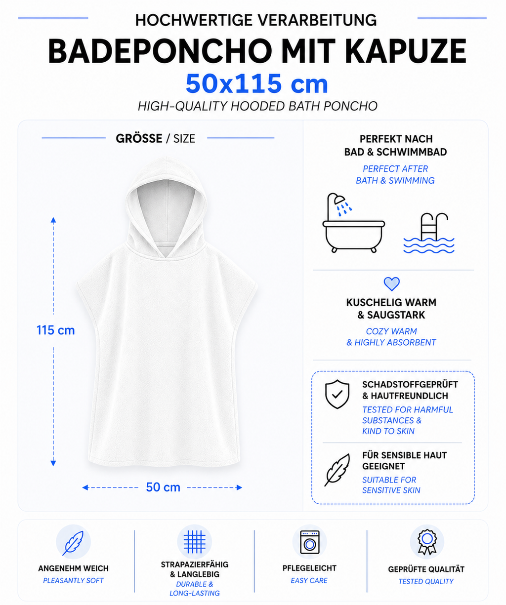 Eine informative Produktgrafik für einen Badeponcho mit Kapuze in der Größe von 50 x 115 cm mit Details zu Eigenschaften wie hoher Saugkraft, schadstoffgeprüfter Hautfreundlichkeit und Pflegeleichtigkeit.