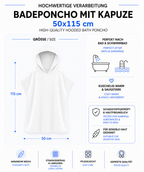 Eine informative Produktgrafik für einen Badeponcho mit Kapuze in der Größe von 50 x 115 cm mit Details zu Eigenschaften wie hoher Saugkraft, schadstoffgeprüfter Hautfreundlichkeit und Pflegeleichtigkeit.