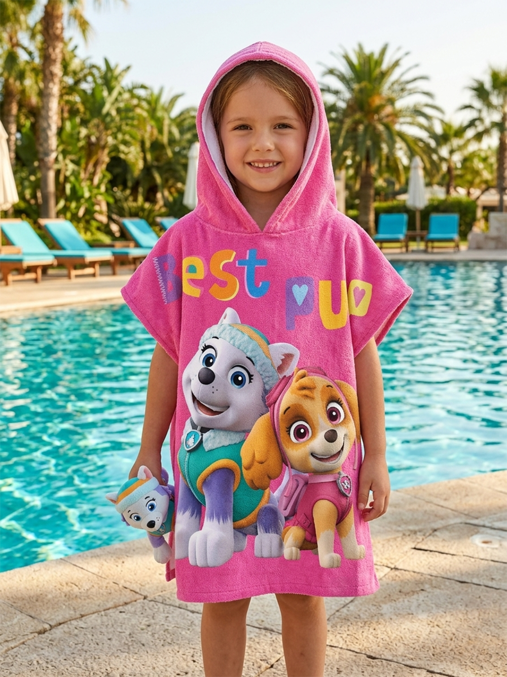 Mädchen trägt einen Paw Patrol Girls Badeponcho mit Kapuze 50x100 cm, 100% Baumwolle