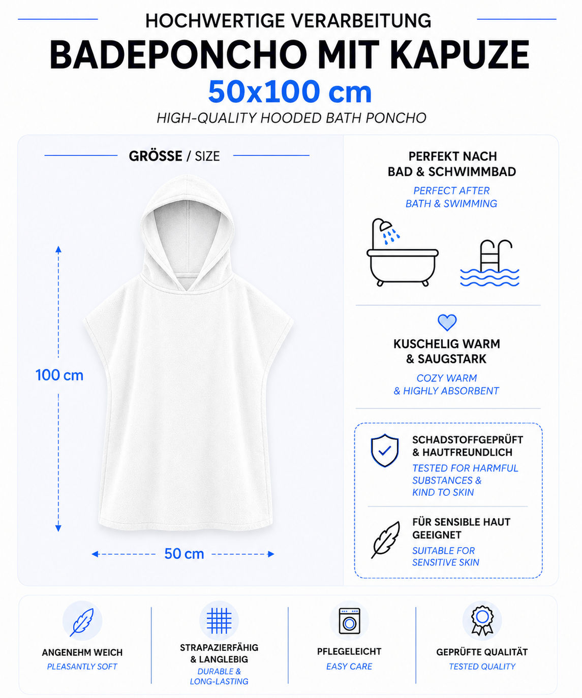 Eine informative Produktgrafik für einen Badeponcho mit Kapuze in der Größe von 50 x 100 cm mit Details zu Eigenschaften wie hoher Saugkraft, schadstoffgeprüfter Hautfreundlichkeit und Pflegeleichtigkeit.