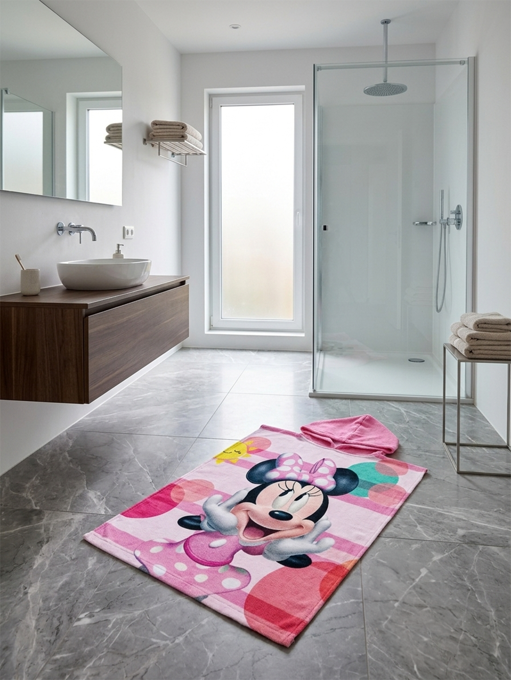 Minnie Mouse Badeponcho Kinder Poncho mit Kapuze 50x100 cm Baumwolle liegend auf einem Badezimmerboden.