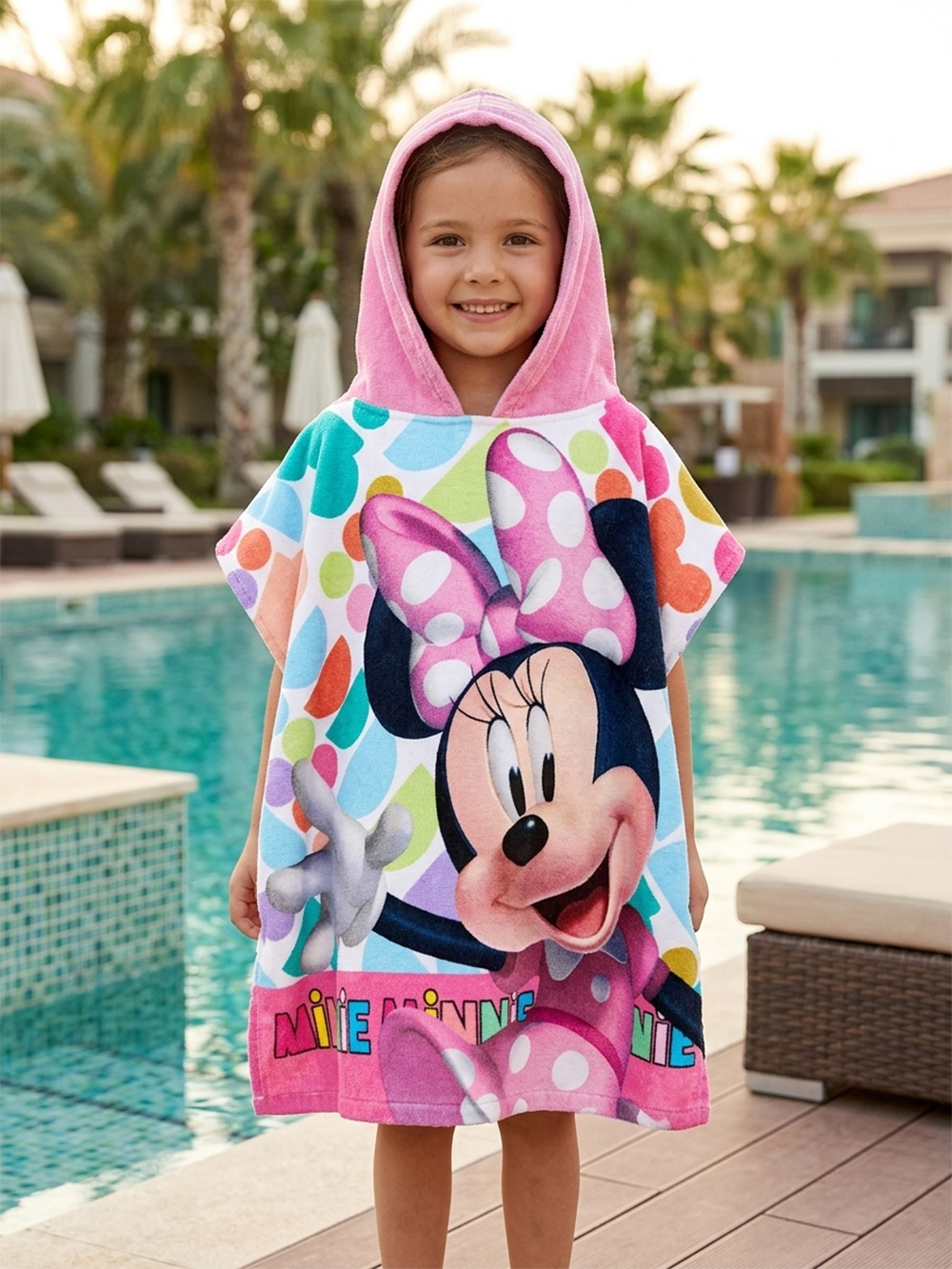 Mädchen trägt einen Minnie Mouse Badeponcho Kinder Poncho mit Kapuze 50x100cm Baumwolle