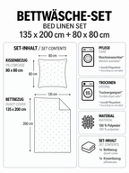 Produktgrafik für ein Bettwäsche-Set in 135 x 200 cm und 80 x 80 cm aus 100 % Polyester mit maschinenwaschbaren und trocknergeeigneten Eigenschaften.