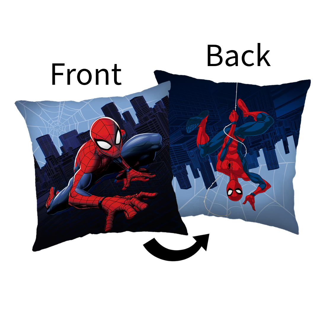 Freigestellte Produktansicht vom Spiderman Kissen Dekokissen Kuschelkissen 35x35 cm mit Vorderseite und Rückseite. Beschriftungen "Front" und "Back" über der jeweiligen Seite