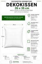 Eine informative Produktgrafik für ein Dekokissen in der Größe von 35 x 35 cm aus 100 % Polyester mit Details zu Eigenschaften wie Original-Fanartikel, beidseitigem Druck, inklusive Füllung und Pflegeleichtigkeit.