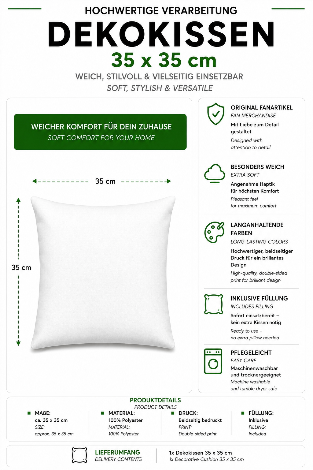 Eine informative Produktgrafik für ein Dekokissen in der Größe von 35 x 35 cm aus 100 % Polyester mit Details zu Eigenschaften wie Original-Fanartikel, beidseitigem Druck, inklusive Füllung und Pflegeleichtigkeit.