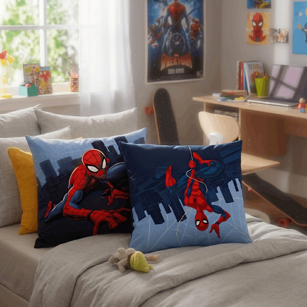 Spiderman Kissen Dekokissen Kuschelkissen 35x35 cm Vorderseite und Rückseite auf einem Bett in einem Kinderzimmer