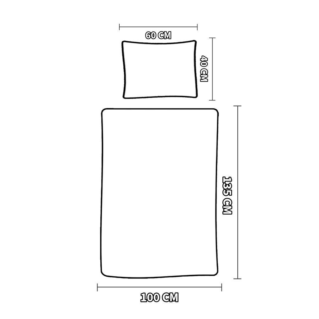 Draufsicht einer Maßskizze mit Kissen 40×60 cm und Decke 100×135 cm. Weiße Formen auf dunklem Hintergrund.