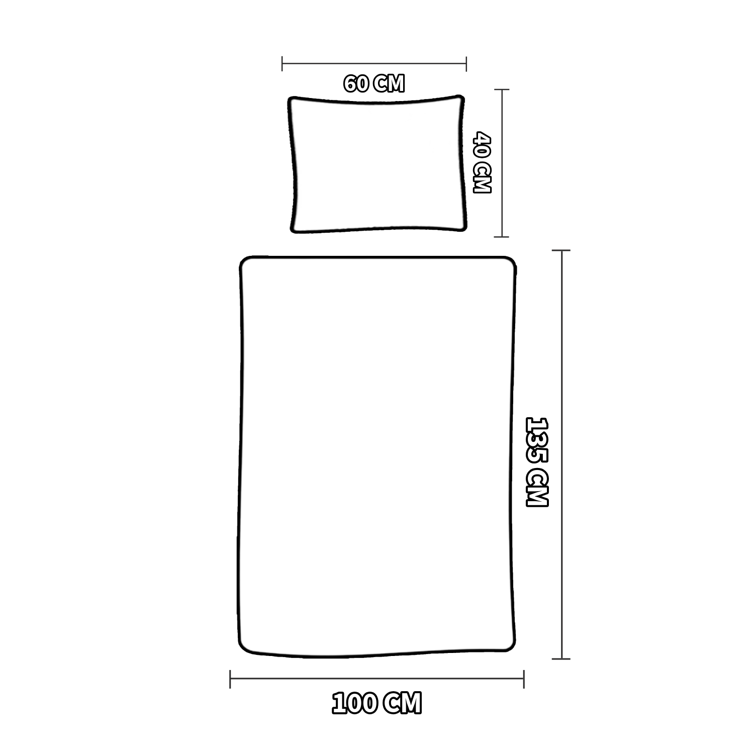 Draufsicht einer Maßskizze mit Kissen 40×60 cm und Decke 100×135 cm. Weiße Formen auf dunklem Hintergrund.