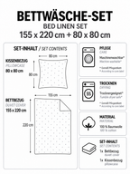 Produktgrafik für ein Bettwäsche-Set in 155 x 220 cm und 80 x 80 cm aus 100 % Baumwolle mit maschinenwaschbaren und trocknergeeigneten Eigenschaften.