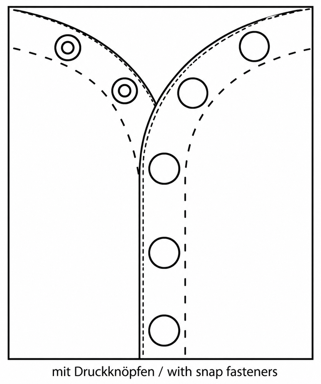 Eine grafische Darstellung einer Verschlussleiste mit Druckknöpfen und gestrichelten Nähten auf weißem Stoff, beschriftet mit "mit Druckknöpfen / with snap fasteners".