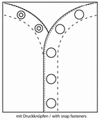 Eine grafische Darstellung einer Verschlussleiste mit Druckknöpfen und gestrichelten Nähten auf weißem Stoff, beschriftet mit "mit Druckknöpfen / with snap fasteners".