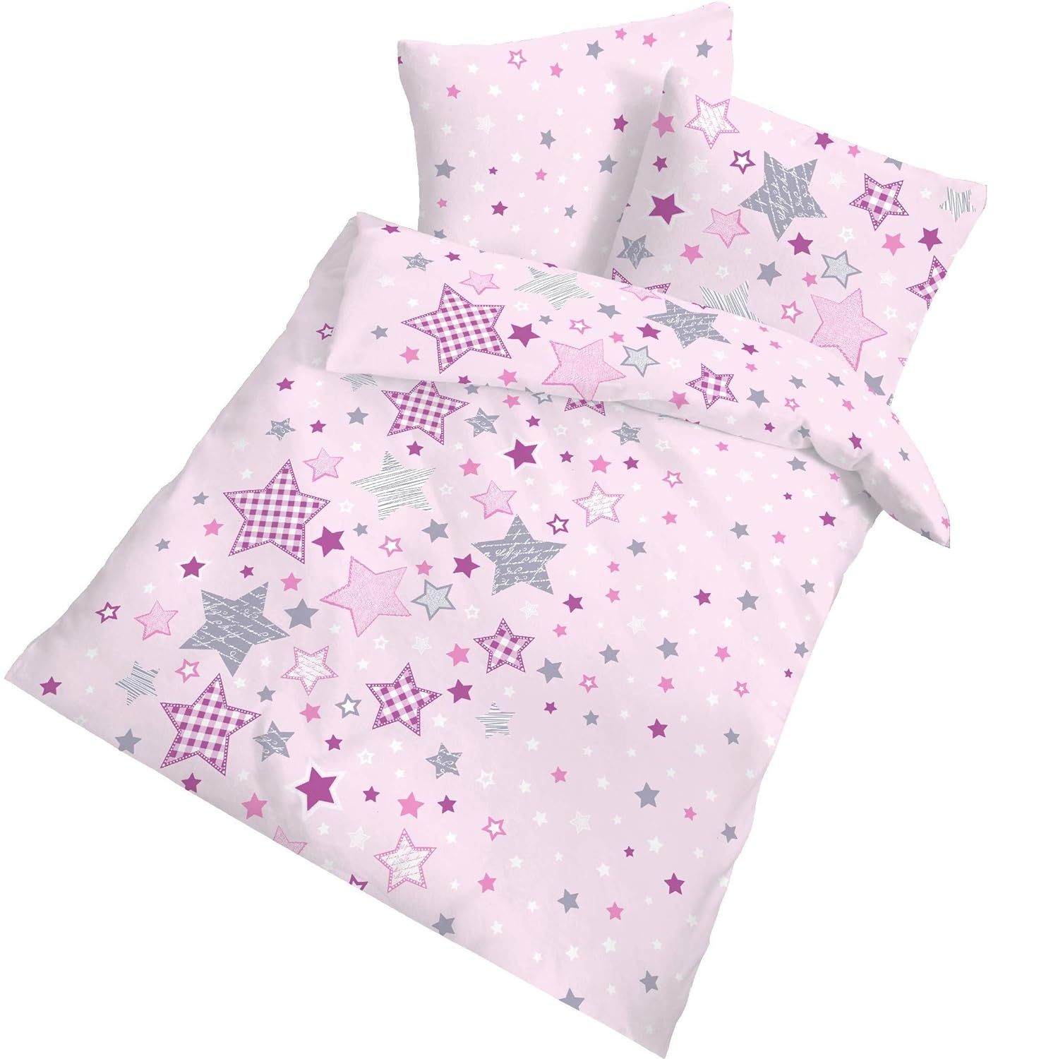 Baby Fein Biber Bettwäsche rosa mit Sternen 100x135 + 40x60 cm