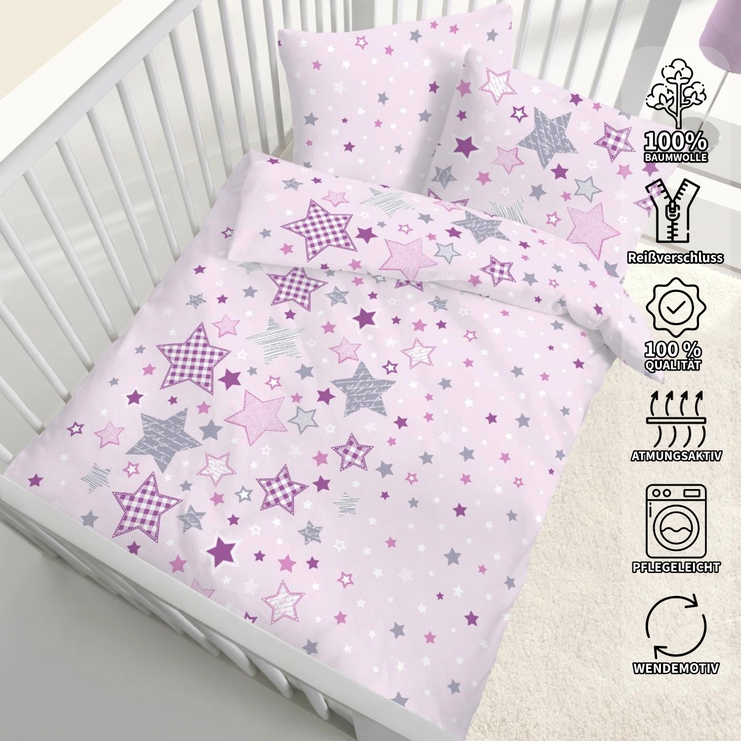 Baby Fein Biber Bettwäsche rosa mit Sternen 100x135 + 40x60 cm