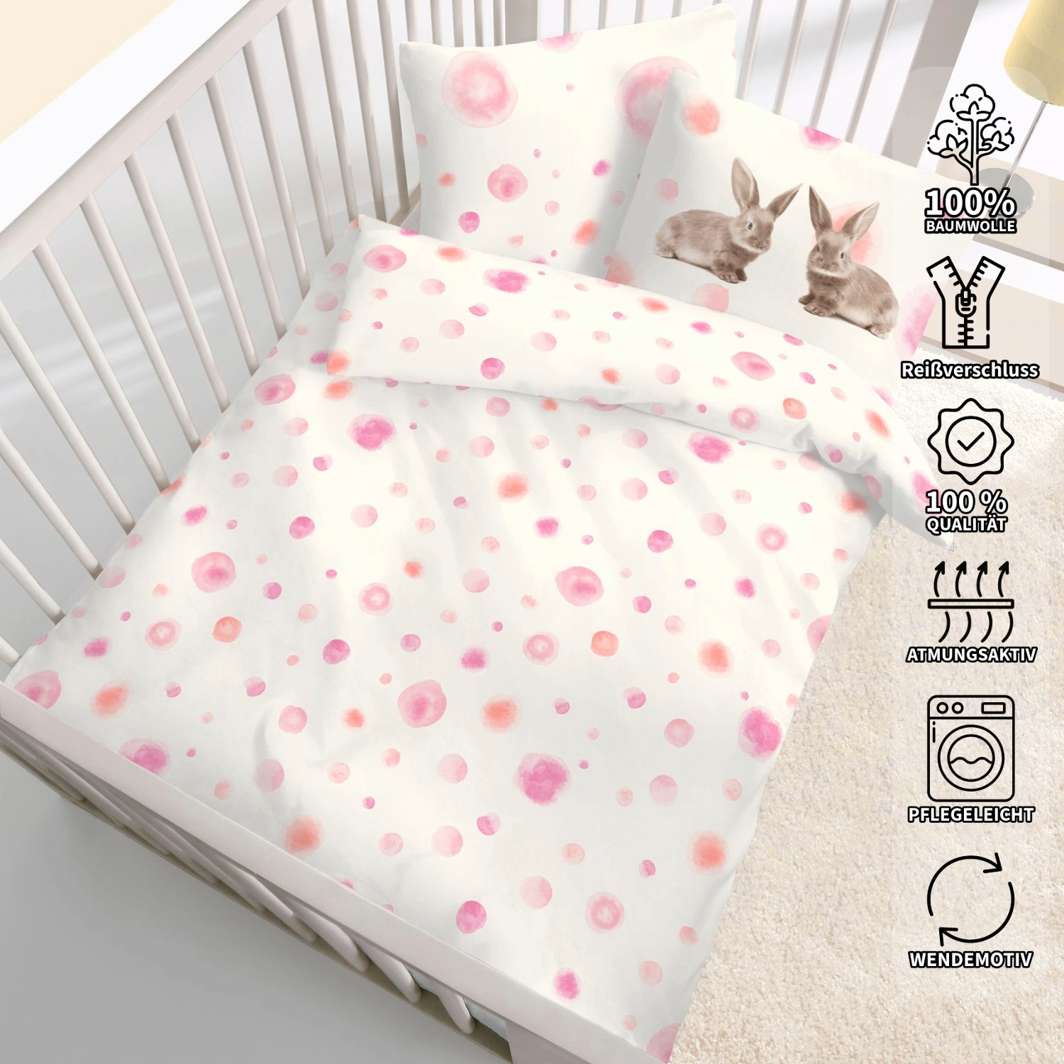 Baby Fein Biber Bettwäsche mit Hase 100x135 + 40x60 cm