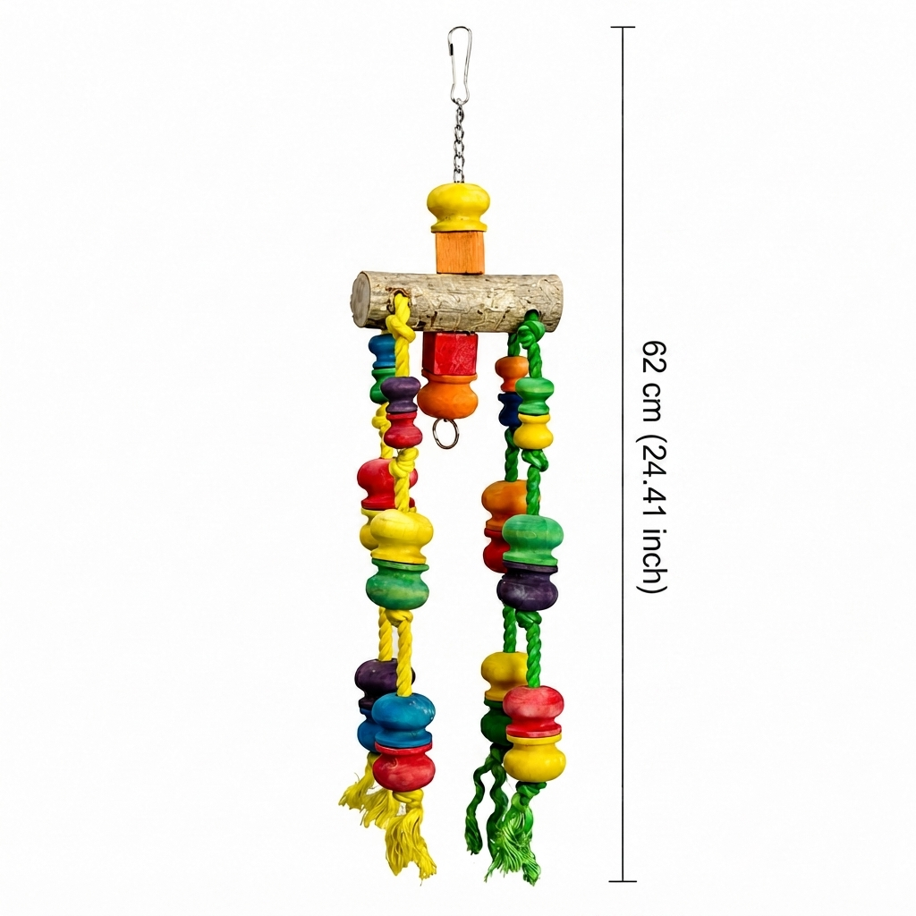 Freigestellte Produktansicht von Papageienspielzeug Vogelschaukel Kletterseil XXL mit Holzstücken 62 cm mit Abmessungen neben dem Produkt
