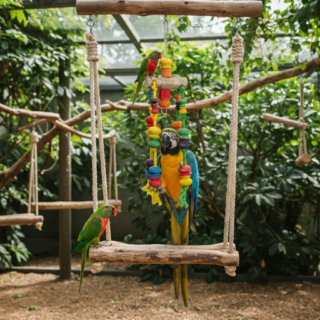 Papageienspielzeug Vogelschaukel Kletterseil XXL mit Holzstücken 62 cm in einer Voliere mit zwei Vögeln