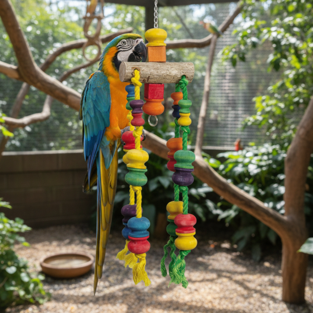 Papageienspielzeug Vogelschaukel Kletterseil XXL mit Holzstücken 62 cm in einer Voliere mit einem blauen Ara