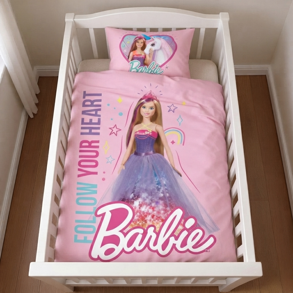 Barbie Baby Bettwäsche Wendebettwäsche rosa 100x135 cm 100% Baumwolle in einem Babybett. Ansicht von oben auf das Babybett.