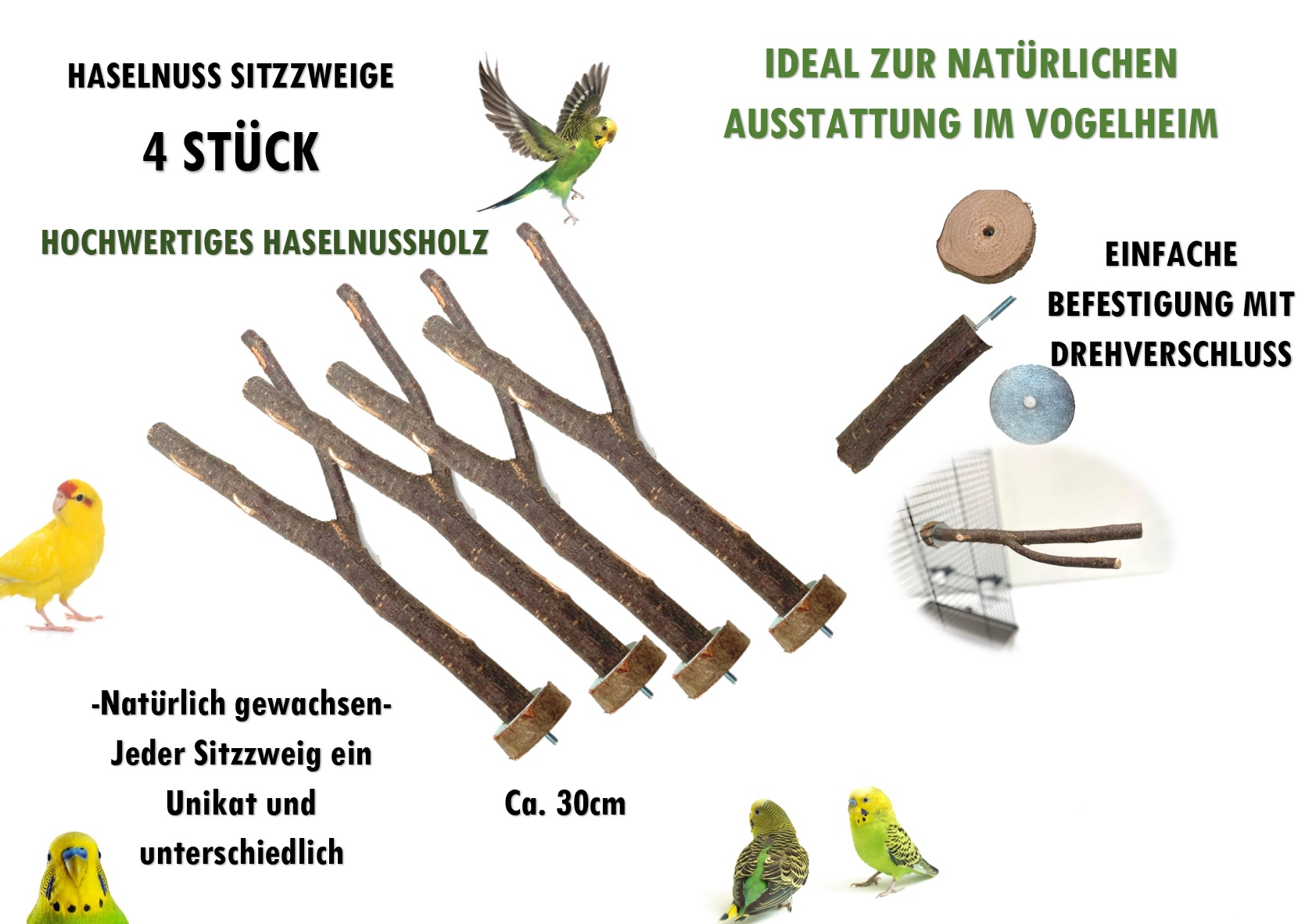 4 Sitzstangen Sitzzweige aus Naturholz ca. 30 cm