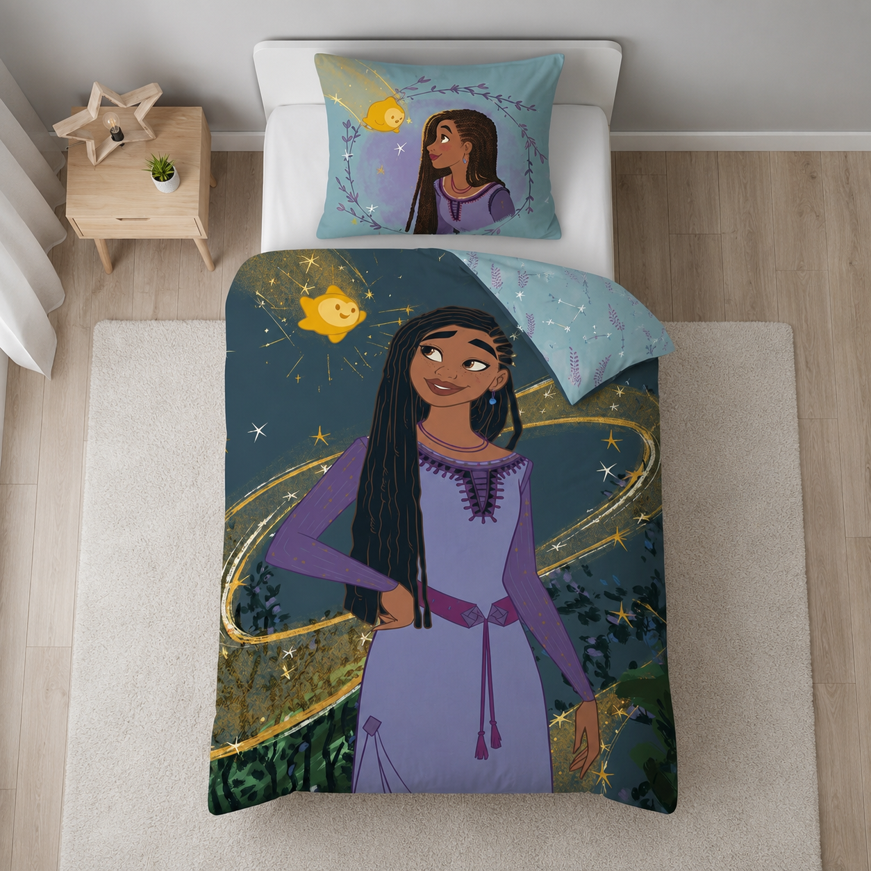 Disney Wish Asha Wende Bettwäsche 2tlg 135 x 200 cm 100% Baumwolle Ansicht von oben auf das Bett