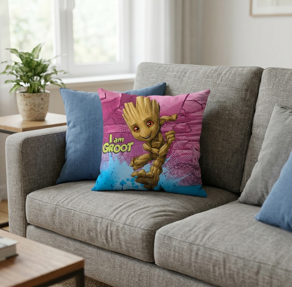 Wohnzimmer-Ambienteaufnahme mit dem bunten Groot-Kuschelkissen, das dekorativ auf einer grauen Couch neben blauen Kissen platziert ist.