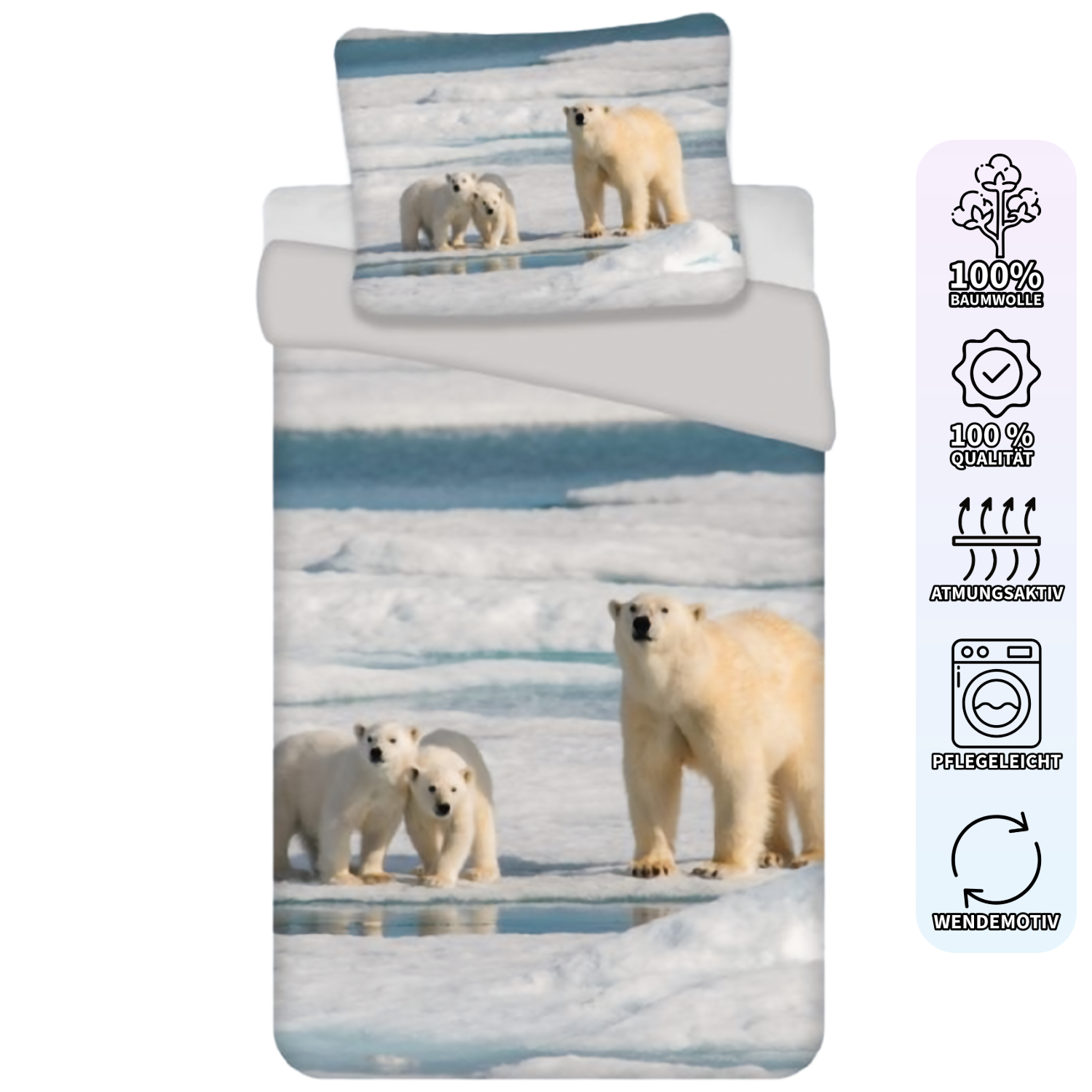 Bedding set with polar bear design, 135 x 200 cm, 100% cotton 