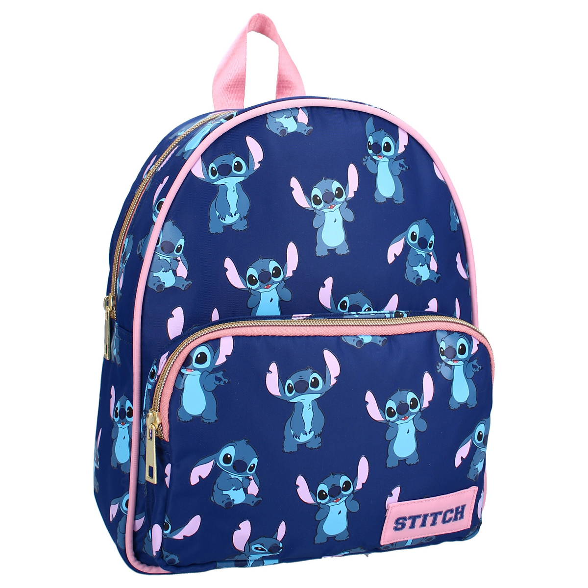 Freigestellte Produktansicht von der Vorderseite in einer leicht schrägen Ansicht vom Disney Lilo & Stitch Rucksack mit Vorderfach ca. 30 cm