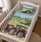 Ambiente-Aufnahme von einem Babybett mit Babybettwäsche Traktor Trecker Bio-Baumwolle 100x135 cm / 40x60 cm. Aus einer schrägen Ansicht dargestellt.