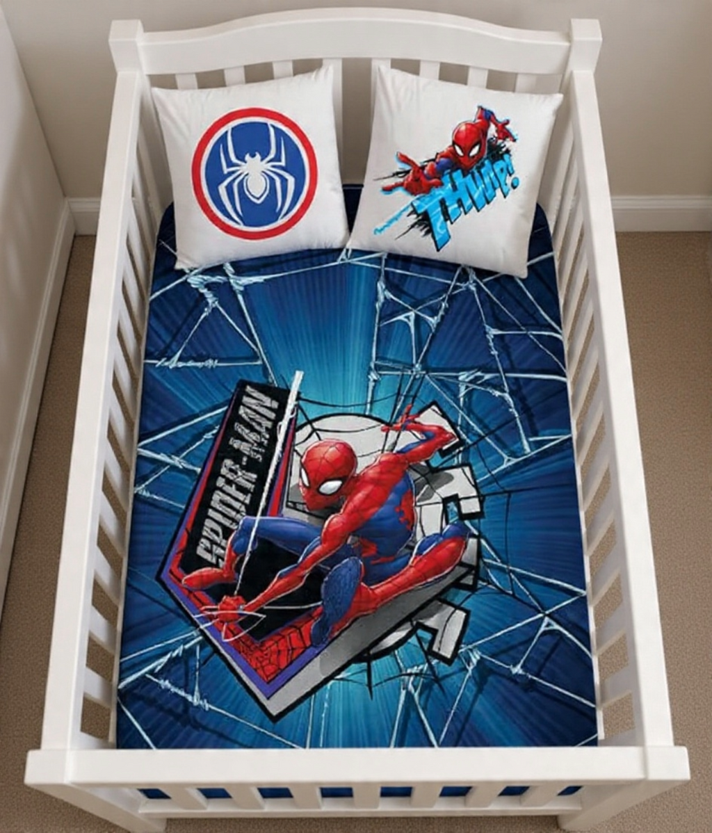 Kinderbettwäsche Spiderman Baby Bettwäsche 100x135 cm / 100% Baumwolle in einem Gitterbett. Ansicht von oben auf das Babybett.