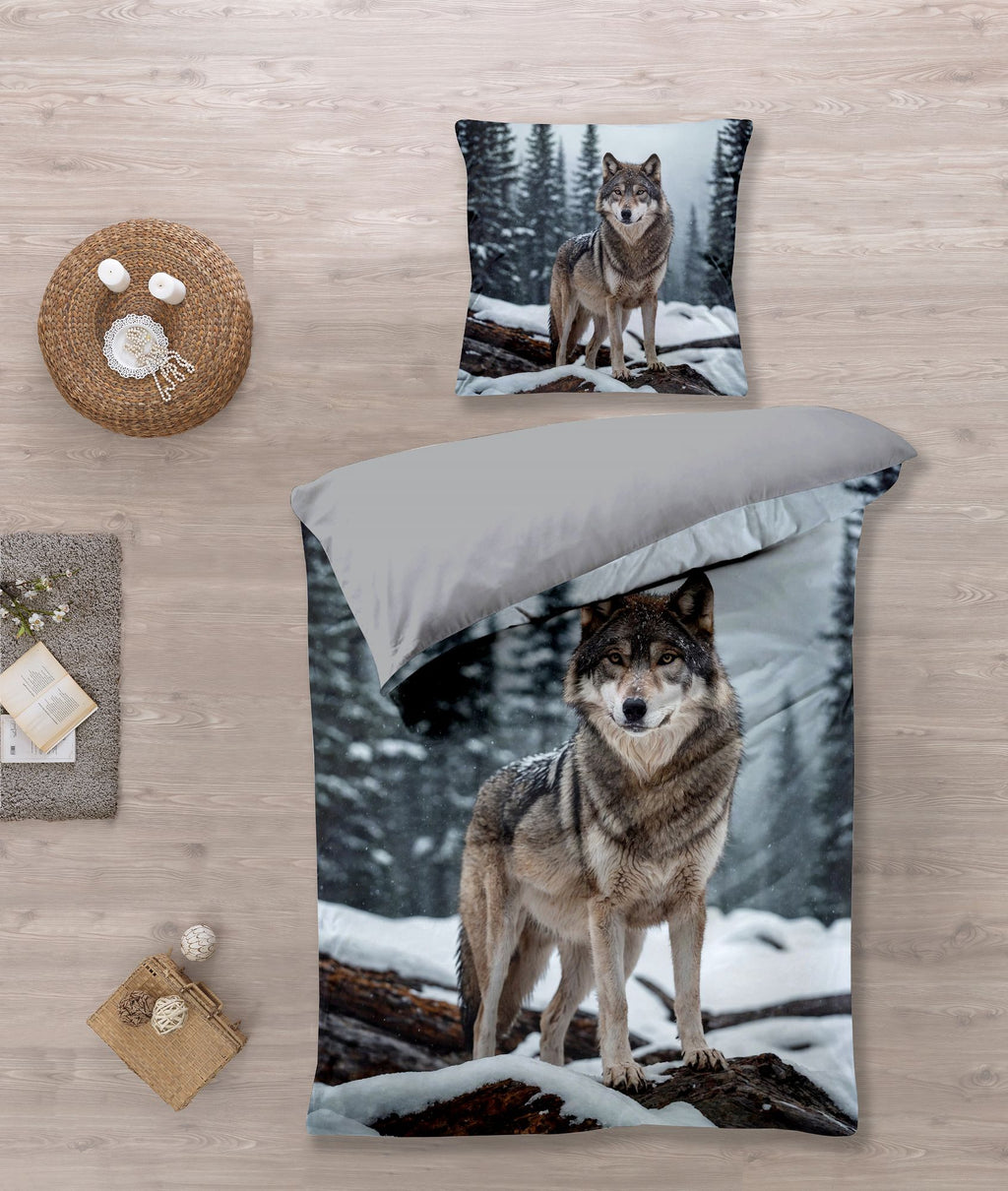 Bettwäsche Set mit Wolf 135 x 200 cm, 100 % Baumwolle