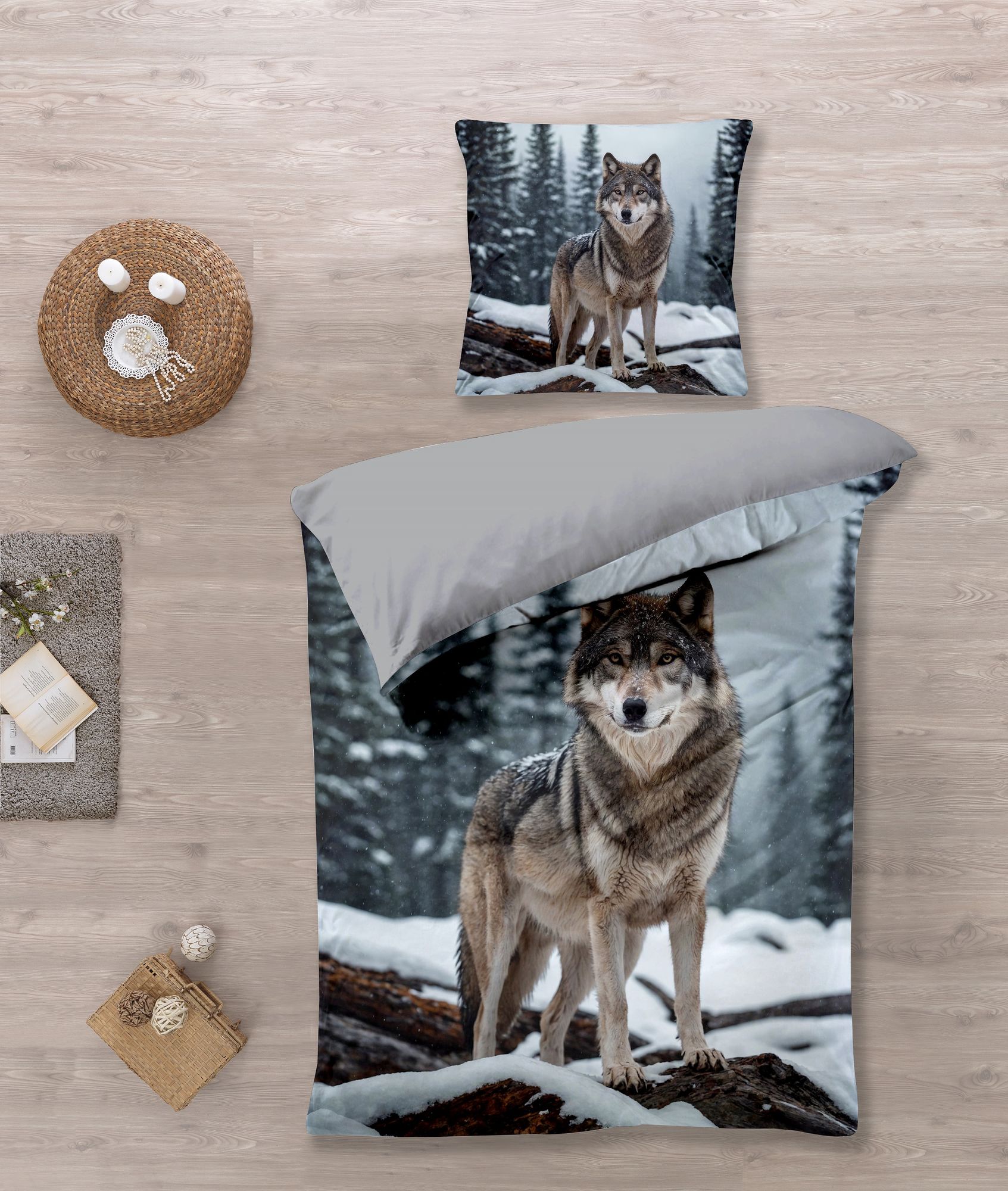 Bettwäsche Set mit Wolf 135 x 200 cm, 100 % Baumwolle
