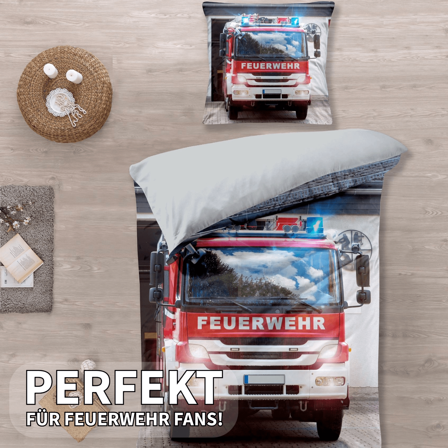 Bettwäsche Feuerwehr Auto 80 x 80 und 135 x 200 cm