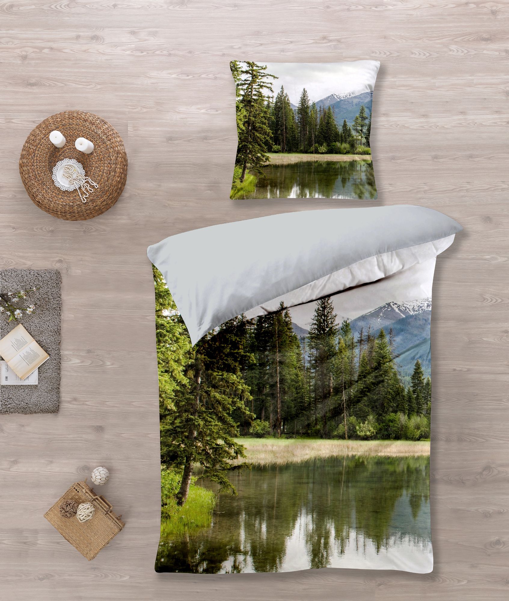 Bedding set with mountain lake design, 135 x 200 cm, 100% cotton