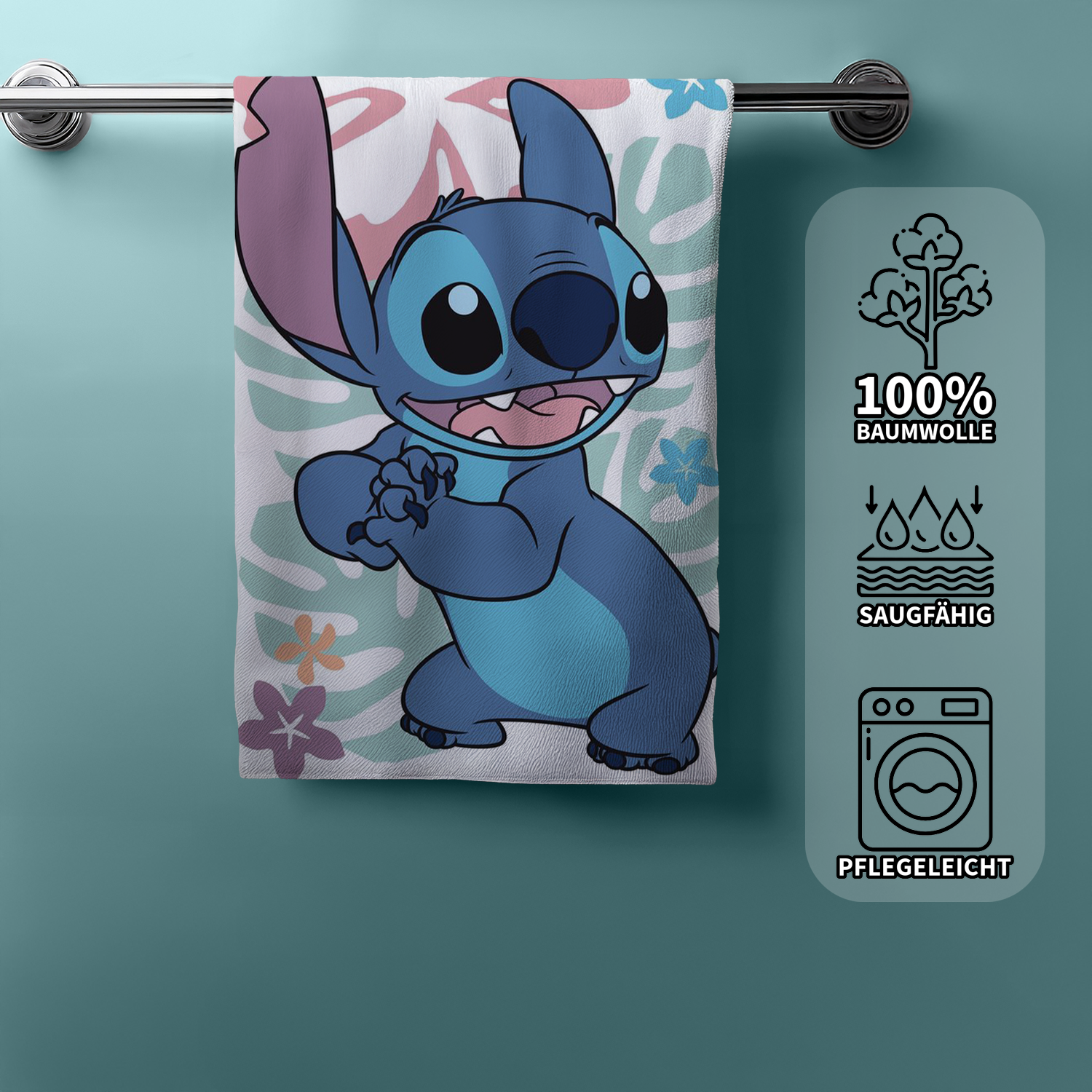 Disney LILO & STITCH Duschtuch Strandtuch Badetuch 70 x 140 cm hängt am Handtuchhalter mit Produkteigenschaften
