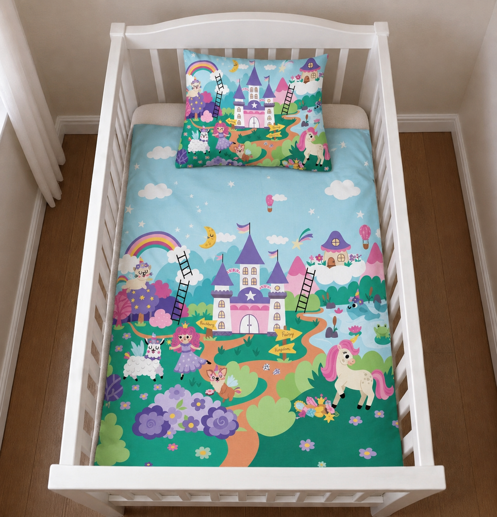 Das Prinzessin-Bettwäsche-Set mit Tiermotiven und Feenschloss, platziert in einem weißen Gitterbett.