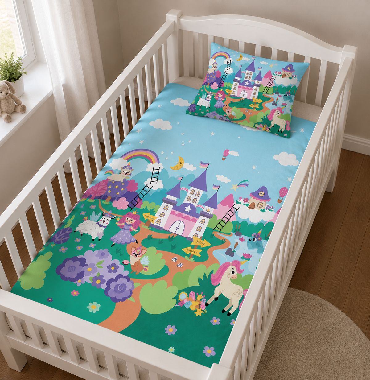 Märchenhafte Prinzessin-Babybettwäsche mit Schloss, Regenbogen und Einhorn, ausgebreitet in einem weißen Babybett. Schräge Ansicht auf die Bettwäsche im Babybett.