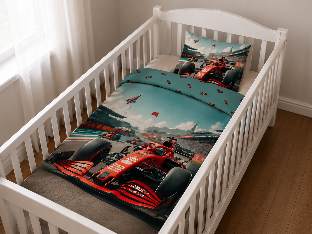 Baby Bettwäsche Cars Rennauto 100x135 cm / 40x60 cm 100% Baumwolle von einer schrägen Ansicht aus in einem Babybett betrachtet.