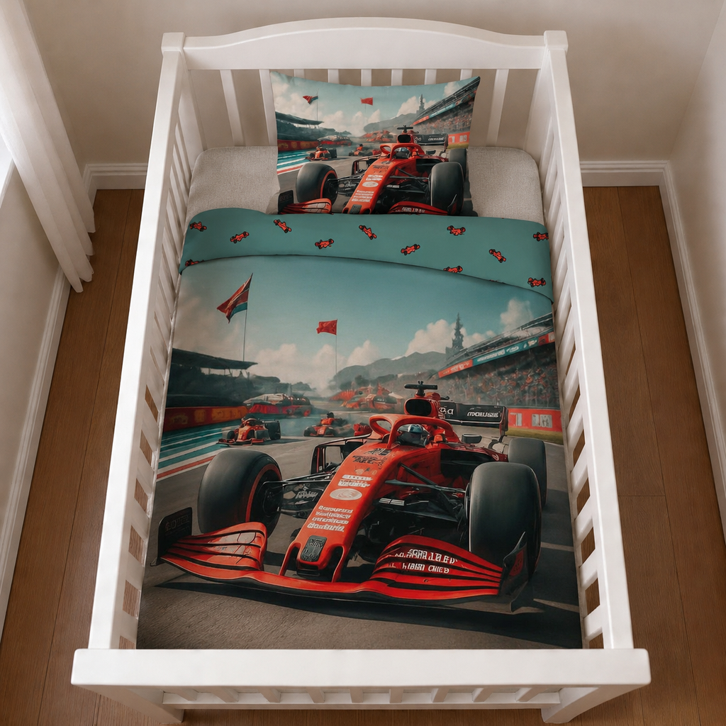 Baby Bettwäsche Cars Rennauto 100x135 cm / 40x60 cm 100% Baumwolle von der Vogelperspektive aus in einem Babybett betrachtet.