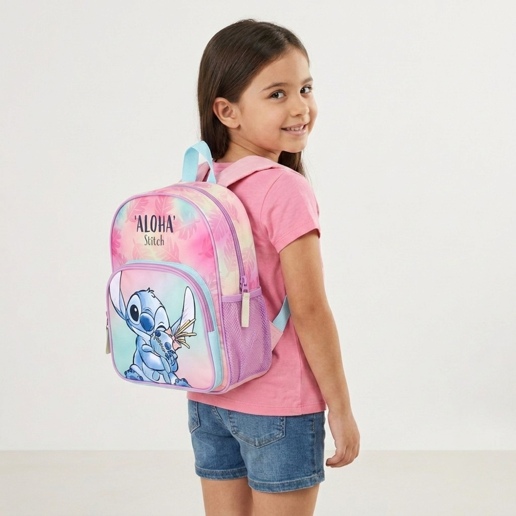 Disney Lilo und Stitch Aloha Rucksack mit Vorderfach Kinderrucksack auf dem Rücken eines Mädchens