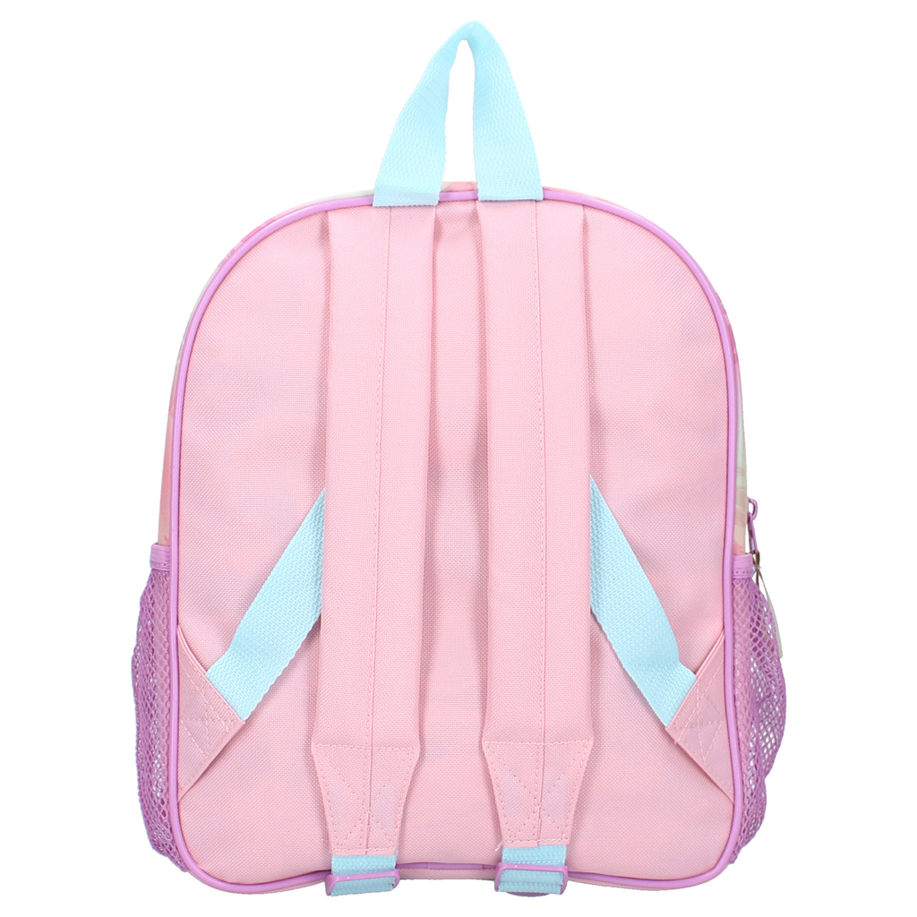 Die Rückansicht des rosa Disney Lilo und Stitch Kinderrucksacks. Zu sehen sind die gepolsterten Schultergurte und der Tragegriff in Hellblau sowie die seitlichen Netztaschen.