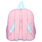 Die Rückansicht des rosa Disney Lilo und Stitch Kinderrucksacks. Zu sehen sind die gepolsterten Schultergurte und der Tragegriff in Hellblau sowie die seitlichen Netztaschen.