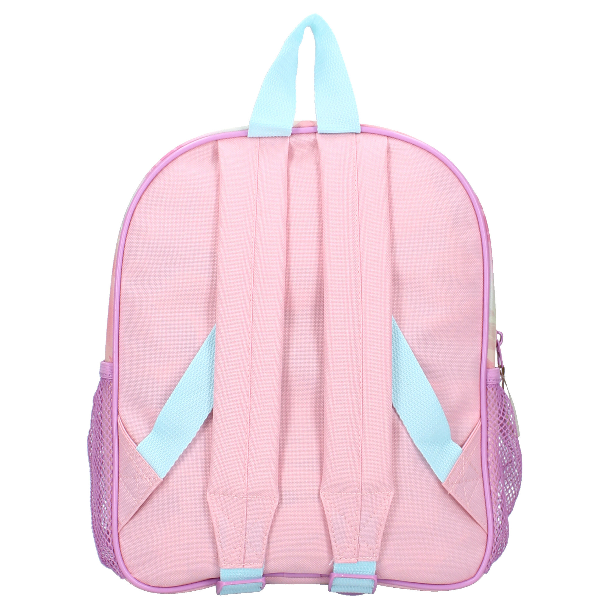 Die Rückansicht des rosa Disney Lilo und Stitch Kinderrucksacks. Zu sehen sind die gepolsterten Schultergurte und der Tragegriff in Hellblau sowie die seitlichen Netztaschen.