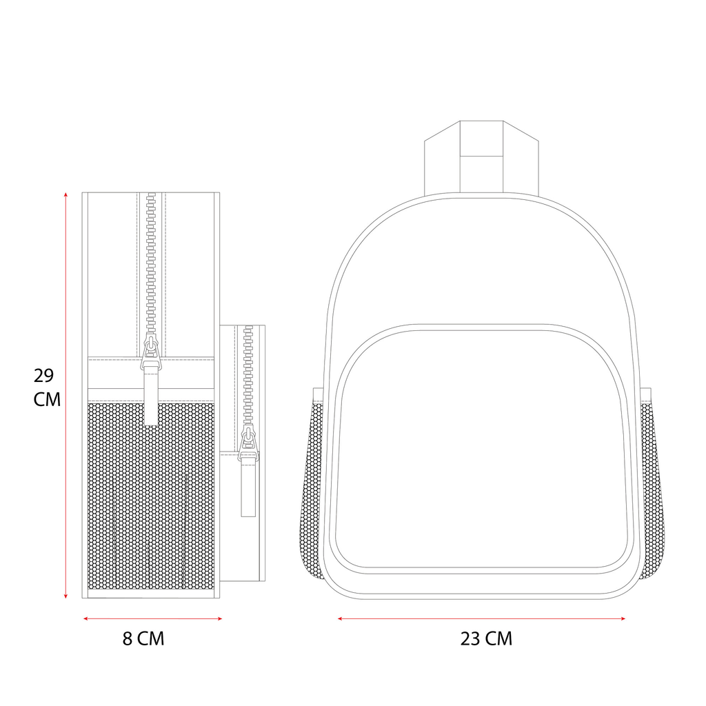 Technische Zeichnung des Disney Lilo und Stitch Kinderrucksacks mit Maßangaben: 29 cm Höhe, 23 cm Breite und 8 cm Tiefe. Es ist eine Frontal- und Seitenansicht mit Reißverschlüssen und Netztaschen dargestellt.