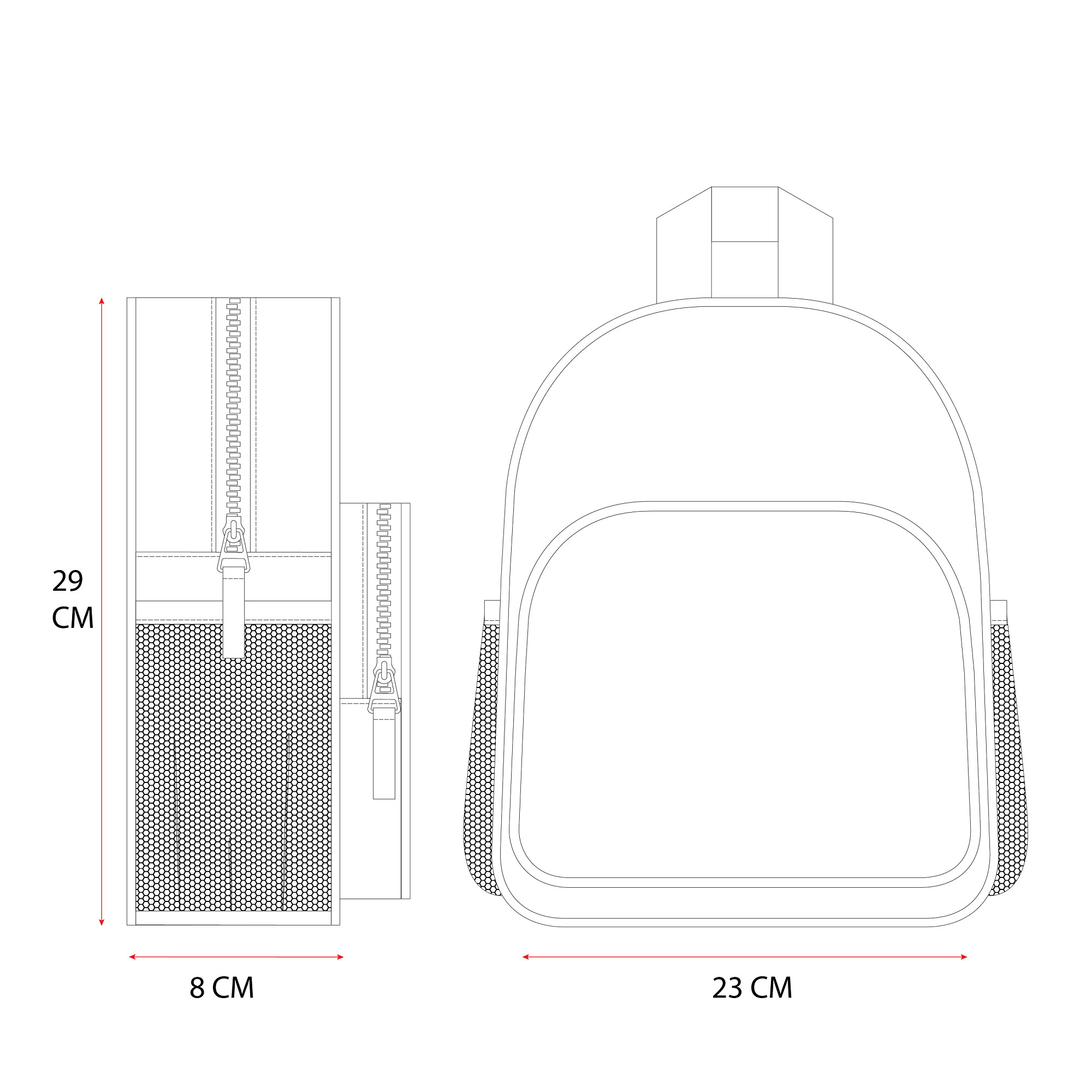 Technische Zeichnung des Disney Lilo und Stitch Kinderrucksacks mit Maßangaben: 29 cm Höhe, 23 cm Breite und 8 cm Tiefe. Es ist eine Frontal- und Seitenansicht mit Reißverschlüssen und Netztaschen dargestellt.