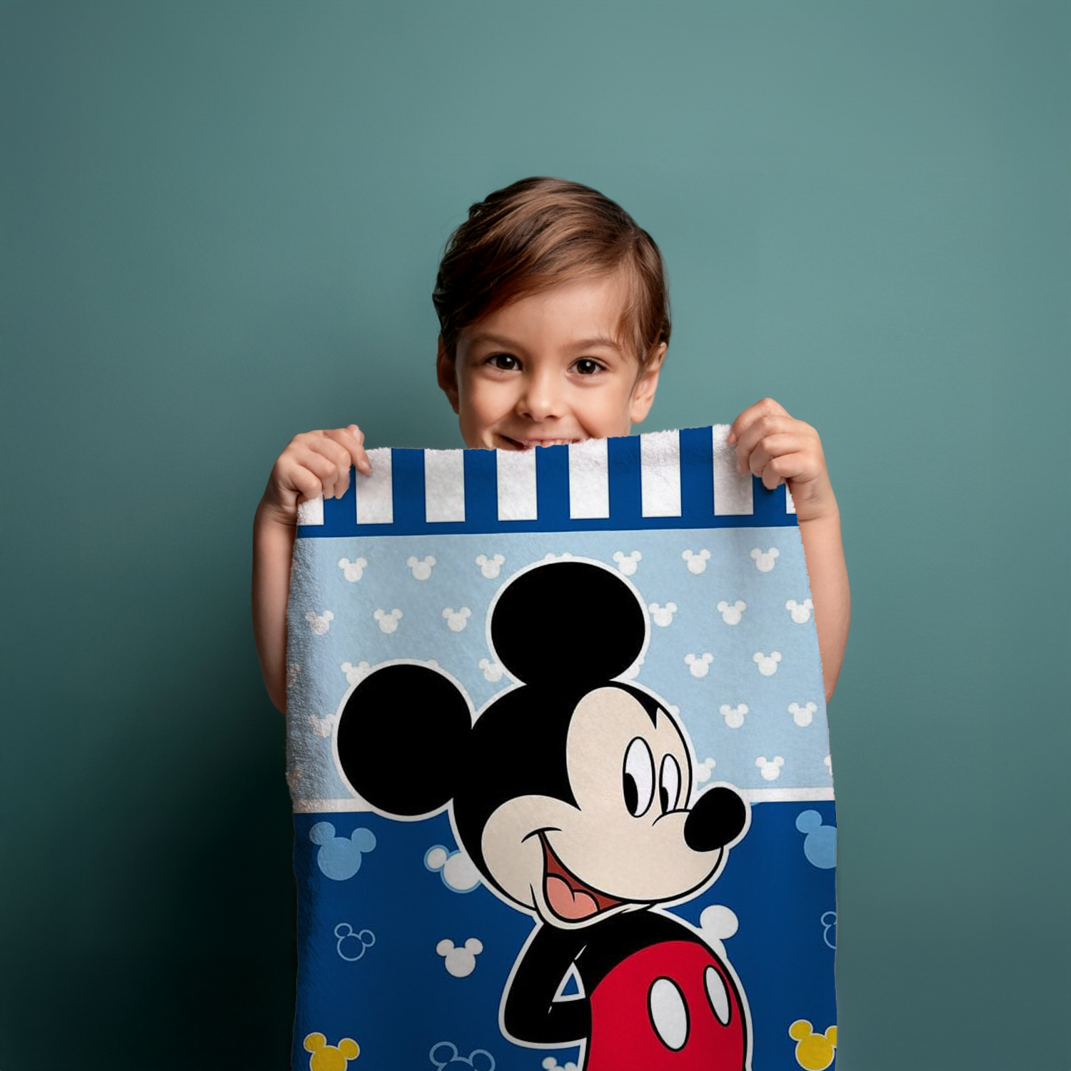 Junge hält Disney Mickey Mouse Duschtuch Strandtuch Badetuch 70x140cm Baumwolle in der Hand