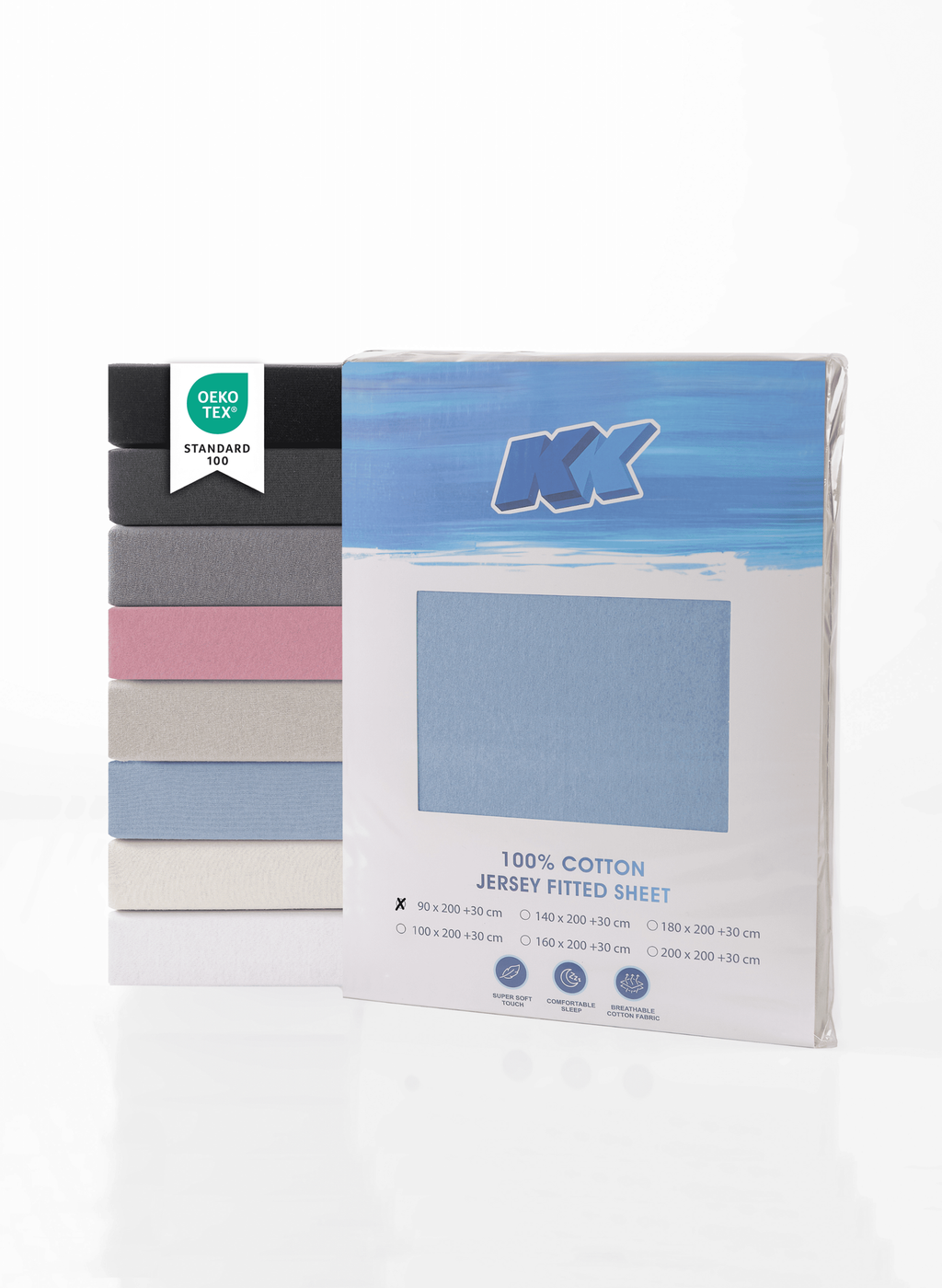 Jersey fitted sheet, cotton, 90x200+30 cm, various colors