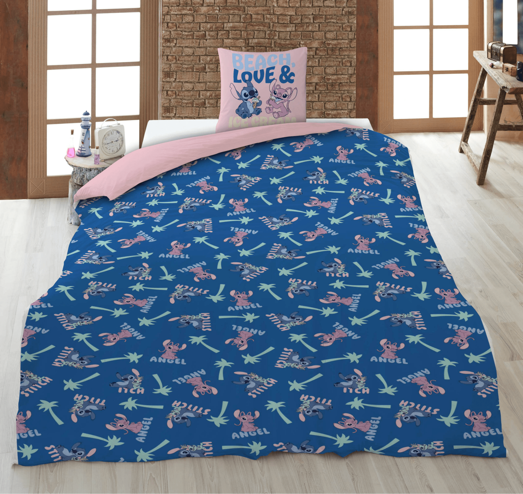 Parure de lit Disney Lilo &amp; Stitch Journées à la plage 135x200cm/80x80cm
