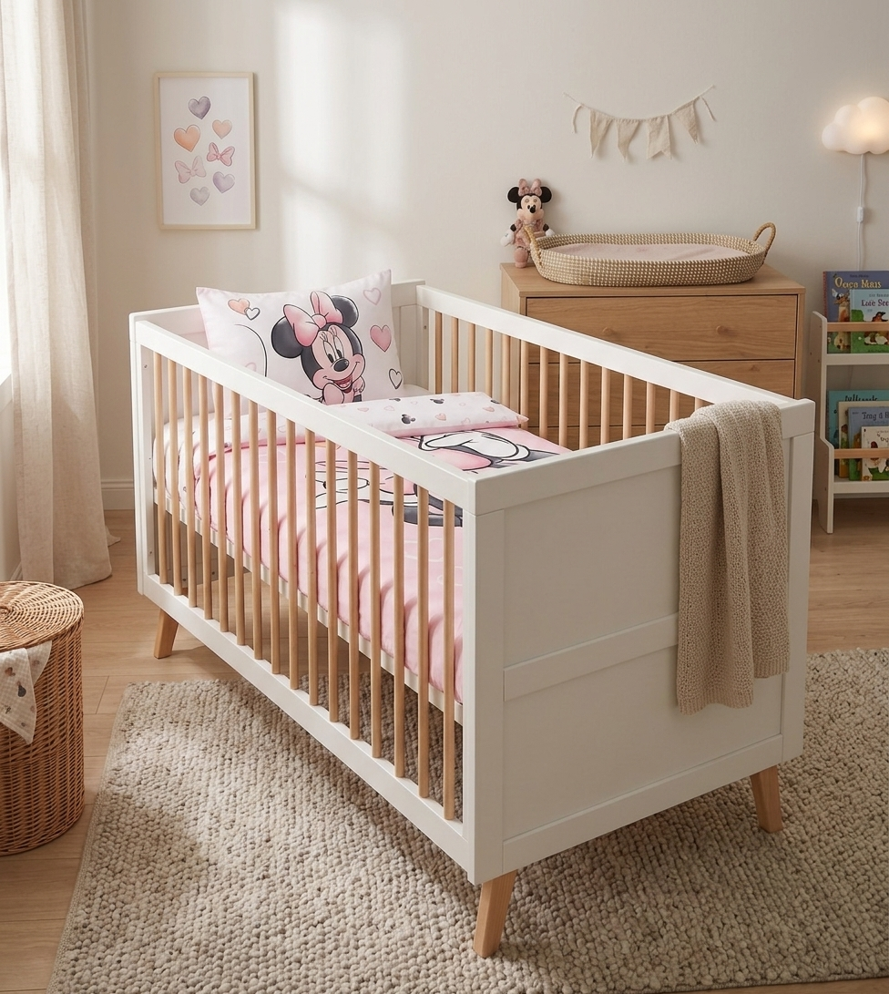 Stimmungsvolle Ambiente-Aufnahme von schräg vorne; zeigt das komplett bezogene weiße Gitterbett im harmonisch eingerichteten Kinderzimmer neben einer Holzkommode mit Wickelaufsatz, abgerundet durch einen hellen Teppich und dezente Wanddekoration.