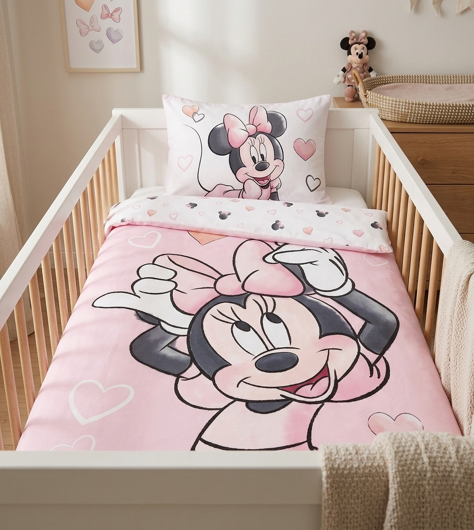 Perspektivische Ambiente-Aufnahme von vorne; zeigt das bezogene weiße Gitterbett mit dem großen Minnie-Mouse-Motiv und Herzen auf der rosa Decke, dem passenden Kopfkissen sowie der leicht umgeschlagenen, hellen Wendeseite.